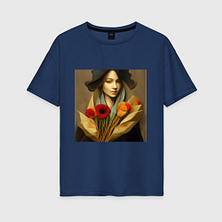 Женская футболка оверсайз Девушка с цветами в стиле экспрессионизм, дизайн 1