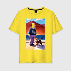 Футболка оверсайз женская Retired Homer Simpson walks with a cat, цвет: желтый