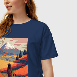 Футболка оверсайз женская Девушка, выгуливающая собаку на полях Японии, цвет: тёмно-синий — фото 2