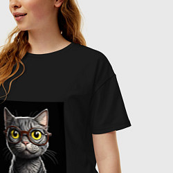 Футболка оверсайз женская Желтоглазый котик в очках, цвет: черный — фото 2