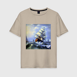 Женская футболка оверсайз Корабль плывет по бушующему морю