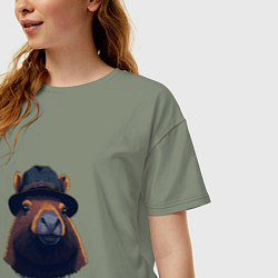 Футболка оверсайз женская Портрет капибары в шляпе, цвет: авокадо — фото 2