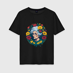 Футболка оверсайз женская Модная бабушка в цветах, цвет: черный