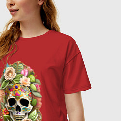 Футболка оверсайз женская Череп окружён цветами, цвет: красный — фото 2