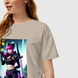 Футболка оверсайз женская Девчонка-кошка - кибер-самурай, цвет: миндальный — фото 2