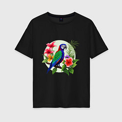 Футболка оверсайз женская Попугай среди цветов, цвет: черный