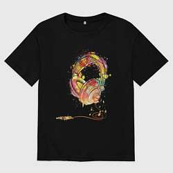 Футболка оверсайз женская Наушники проводные, цвет: черный