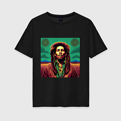 Футболка оверсайз женская Digital Art Bob Marley in the field, цвет: черный