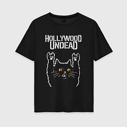 Футболка оверсайз женская Hollywood Undead rock cat, цвет: черный