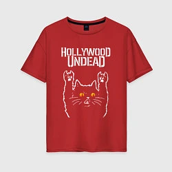 Футболка оверсайз женская Hollywood Undead rock cat, цвет: красный
