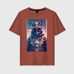 Женская футболка оверсайз Кот с котёнком - киберпанк - нейросеть