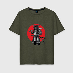 Женская футболка оверсайз Японский самурай на фоне красного солнца