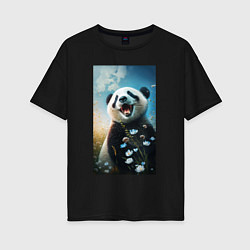 Женская футболка оверсайз Панда с цветочками