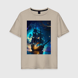 Женская футболка оверсайз Корабль в ночном море - нейросеть