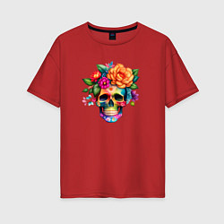 Футболка оверсайз женская Череп с цветами в мексиканском стиле, цвет: красный