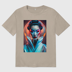 Футболка оверсайз женская Гейша в стиле футуризм - нейросеть, цвет: миндальный
