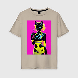 Футболка оверсайз женская Black cat - fashionista - pop art - neural network, цвет: миндальный