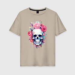 Женская футболка оверсайз Череп и розы акварелью