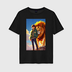 Женская футболка оверсайз Пацан и лев - нейросеть - аниме