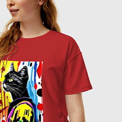 Футболка оверсайз женская Модный чёрный кот - поп-арт, цвет: красный — фото 2