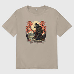 Футболка оверсайз женская Японский самурайский кот, цвет: миндальный