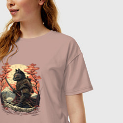 Футболка оверсайз женская Японский самурайский кот, цвет: пыльно-розовый — фото 2