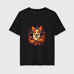 Женская футболка оверсайз Собака и тыквы в праздник хэллоуин