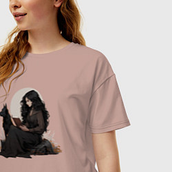 Футболка оверсайз женская Фентези девушка с волком читает книгу, цвет: пыльно-розовый — фото 2