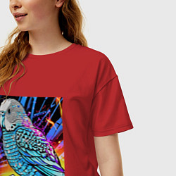 Футболка оверсайз женская Волнистый синий попугай, цвет: красный — фото 2