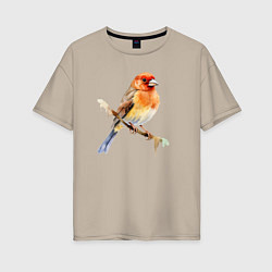Футболка оверсайз женская Оранжевая птица на ветке, цвет: миндальный