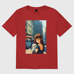 Женская футболка оверсайз Городская девчонка с белым котёнком - аниме