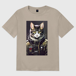 Футболка оверсайз женская Крутой кот - киберпанк - нейросеть, цвет: миндальный