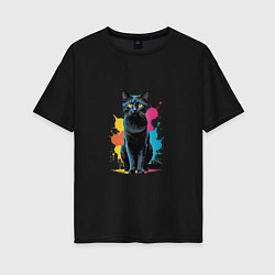 Футболка оверсайз женская Кошка яркая грациозность, цвет: черный