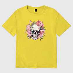Женская футболка оверсайз Череп в розовых розах