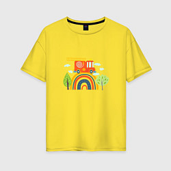 Женская футболка оверсайз Пожарная машина едет по радуге