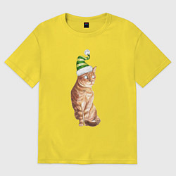 Футболка оверсайз женская Рыжий котик в новогодней шапочке, цвет: желтый