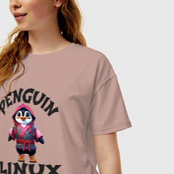 Футболка оверсайз женская Система линукс пингвин в кимоно, цвет: пыльно-розовый — фото 2