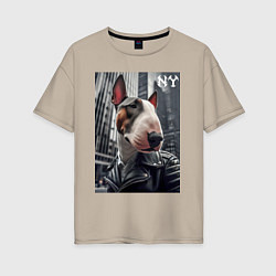 Футболка оверсайз женская Dude bull terrier in New York - ai art, цвет: миндальный