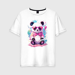 Футболка оверсайз женская Милая панда в розовых очках и бантике, цвет: белый