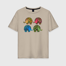 Футболка оверсайз женская Разноцветные слоны, цвет: миндальный