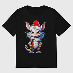 Женская футболка оверсайз Дракончик в новогоднем колпаке