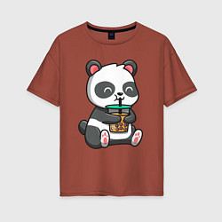 Женская футболка оверсайз Панда пьёт напиток