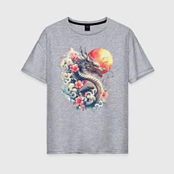 Женская футболка оверсайз Японский дракон на фоне солнца и цветки сакуры