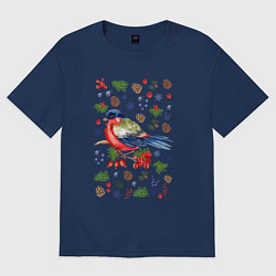 Женская футболка оверсайз Снегирь на ветке зимой