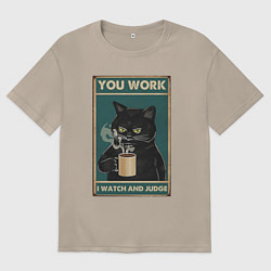 Футболка оверсайз женская Суровый кот начальник, цвет: миндальный