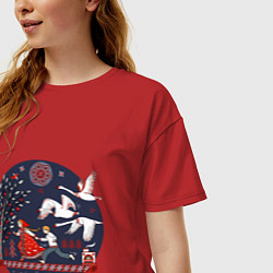 Футболка оверсайз женская Сказка Гуси - лебеди в стиле мезенской росписи, цвет: красный — фото 2