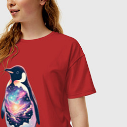 Футболка оверсайз женская Пингвин с космосом, цвет: красный — фото 2