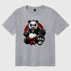 Женская футболка оверсайз Панда в прыжке на фоне красного солнца