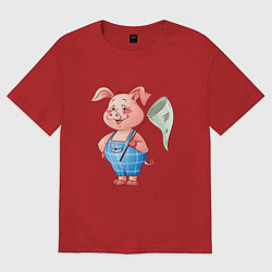 Футболка оверсайз женская Мультяшный поросенок с сачком, цвет: красный