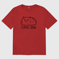 Футболка оверсайз женская Сейчас зима пушичстый кот, цвет: красный
